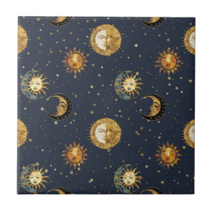 Himmlische Sonne & Mond Gold Sternennacht Muster ( Fliese