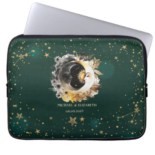 Himmlische Sonne und Mondblumen Sterne Grün Laptopschutzhülle