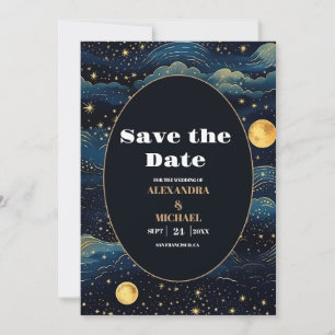 Himmlische Sterne Mond Hochzeit in Mitternachtsbla Save The Date