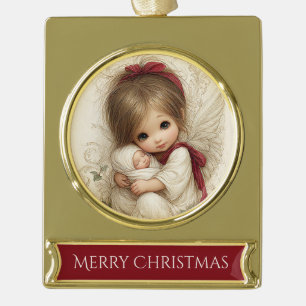 Himmlische Umarmung – Engel & Kind Weihnachten Banner-Ornament Gold