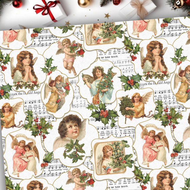 Himmlische Vintage Engel, Holly & Music Collage Seidenpapier (Von Creator hochgeladen)