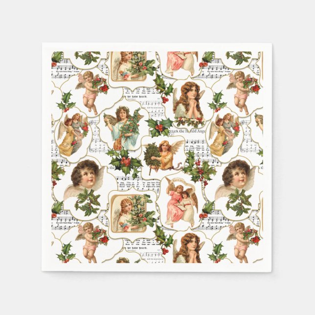 Himmlische Vintage Engel, Holly & Music Collage Serviette (Vorderseite)