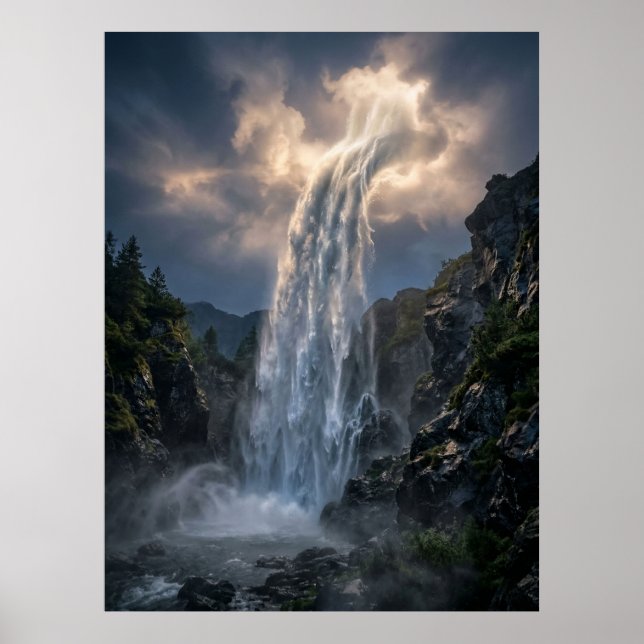 Himmlische Wasserfall-Lichtlandschaft Poster (Vorne)