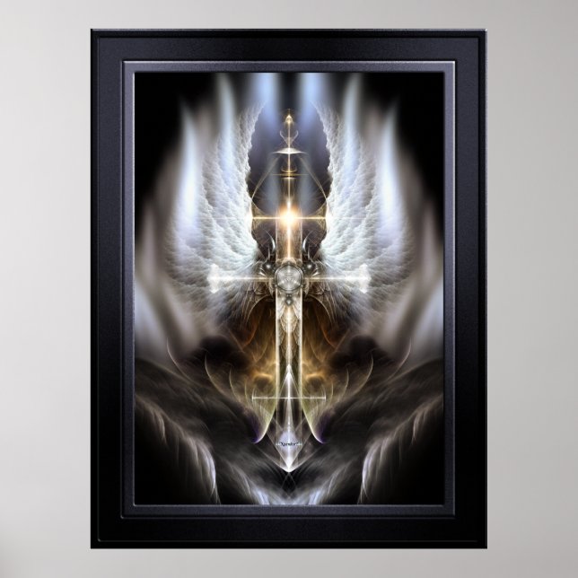 Himmlischer Angel Wing Cross Black Fraktal Art Poster (Vorne)