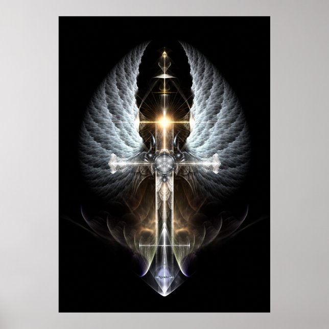 Himmlischer Angel Wing Cross Fraktal Art Bkgnd Poster (Vorne)