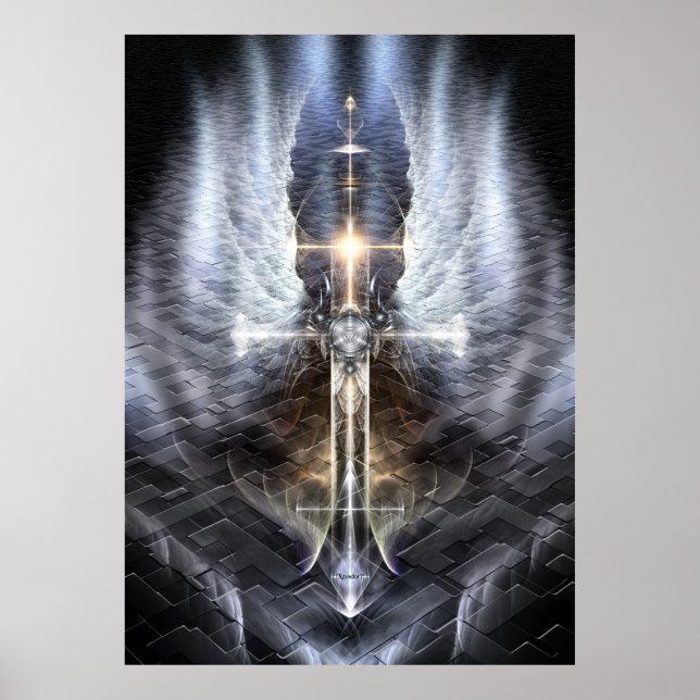 Himmlischer Angel Wing Cross Fraktal Art Jagdweg Poster (Vorne)