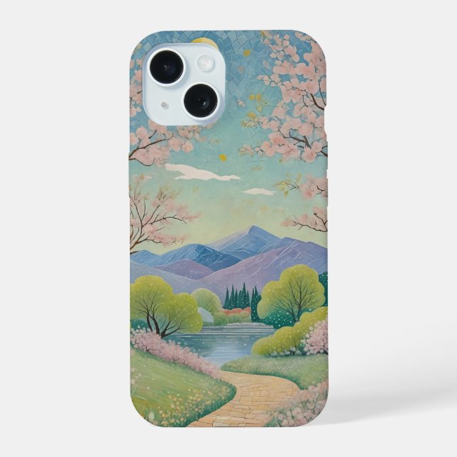 Himmlischer Frühlingsweg iPhone 15 Hülle (Rückseite)