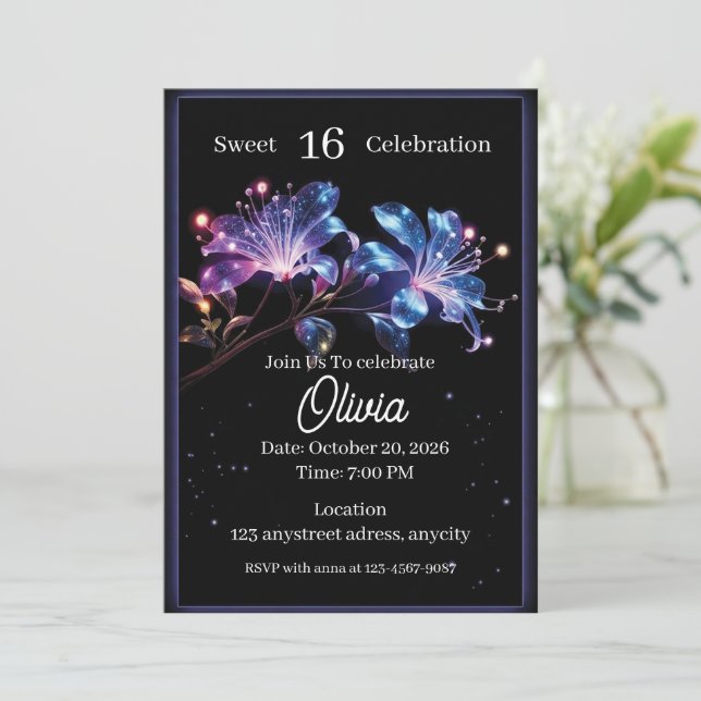 Himmlischer Glanz Fantasy-Blumen Einladung (Stehend Vorderseite)