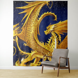 Himmlischer Gold-Drachen-Teppich Wandteppich