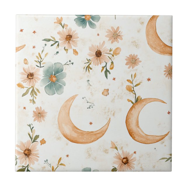 Himmlischer Halbmond Blumen Gold Glitter Fliese (Vorderseite)