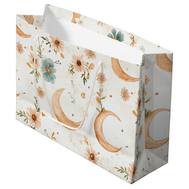 Himmlischer Halbmond Blumen Gold Glitter Große Geschenktüte (Vorderseite Schrägansicht)