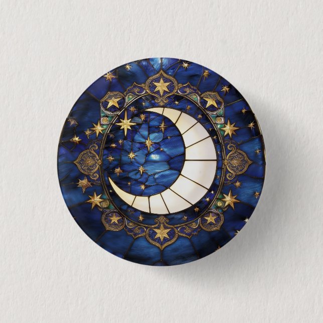 Himmlischer Halbmond-Ornamentales Buntglas-Mond Button (Vorderseite)