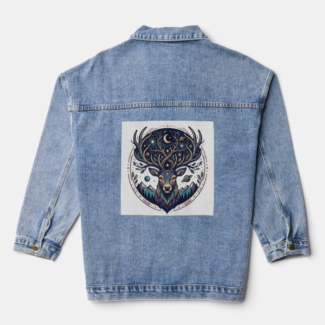 Himmlischer Hirsch Mystischer Mond- und Sternen-Ku Jeansjacke (Rückseite)
