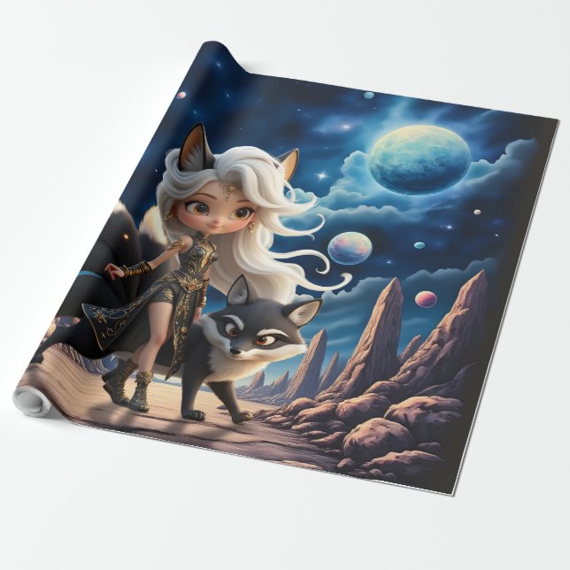 Himmlischer Kitsune – Wächter der vier Schwänze.  Geschenkpapier (Ungerollt)