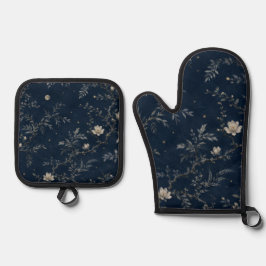 Himmlischer Mitternachtsgarten Floral Navy Ofenhandschuh & Topflappen-Set