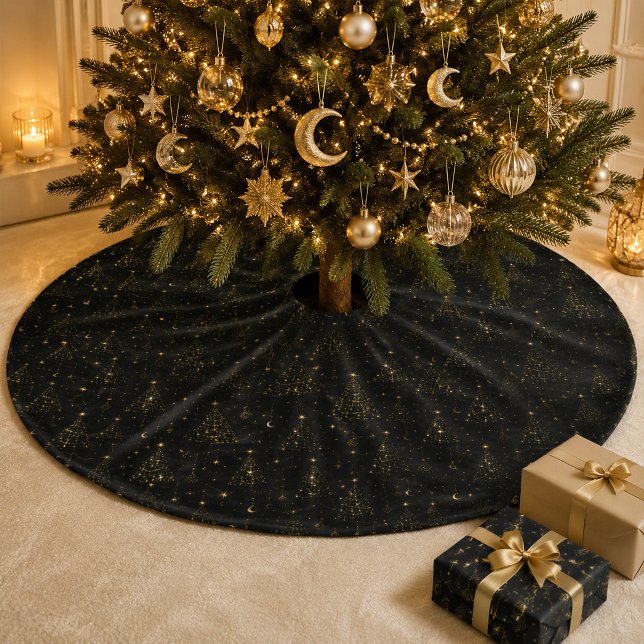 Himmlischer schwarzer goldener Weihnachtsbaumteppi Polyester Weihnachtsbaumdecke (Celestial Black Gold Christmas Tree Skirt)