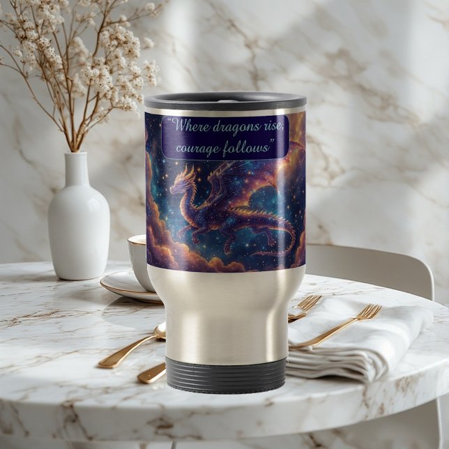 Himmlischer Sternen-Drache Kosmische Flügel Ätheri Reisebecher (Vintage Beige Botanical Herbs Leaves Wildflowers Thermal Tumbler)