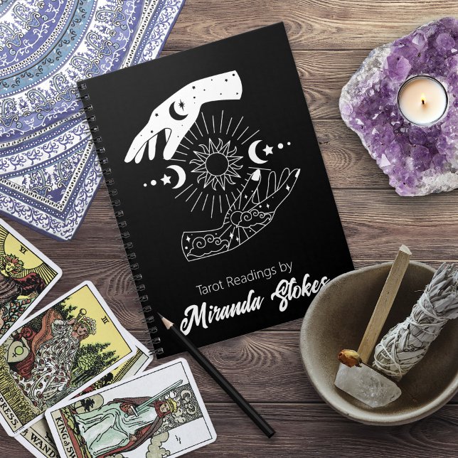 Himmlischer Touch Trendy Sonne & Mond Hände Schwar Notizblock (Celestial Touch Trendy Sun & Moon Hands Black Notebook)