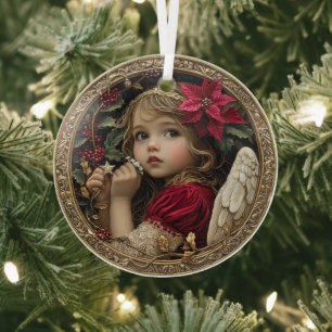Himmlischer Weihnachtsengel mit Poinsettie und Ste Ornament Aus Glas