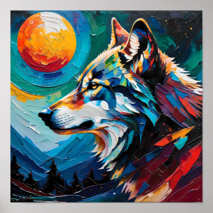 Himmlischer Wolf unter bemaltem Mond – Abstrakt Poster