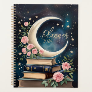 Himmlischer zunehmender Mond mit Büchern und Rosen Planer