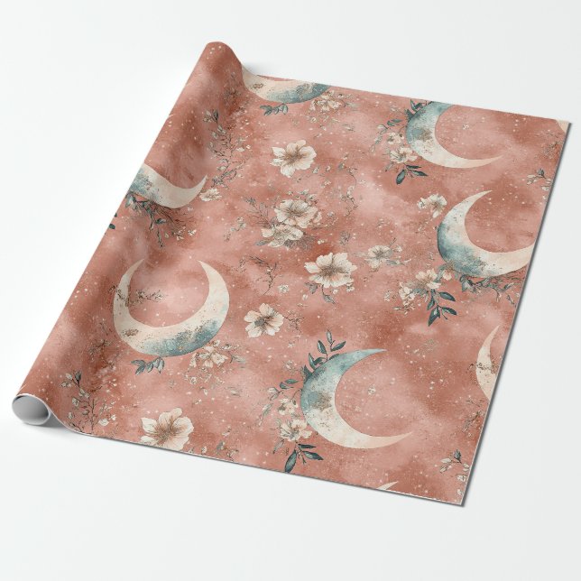 Himmlisches Blumenmuster Gedämpfte Terrakotta Geschenkpapier (Ungerollt)