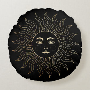 Himmlisches Faux-Gold-Sonne Vintage-Schwarz Rundes Kissen
