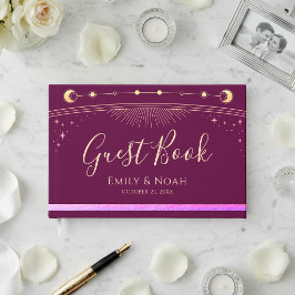 Himmlisches Fuchsia Gold Sonne Mond Sterne Hochzei Gästebuch