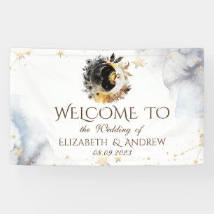 Himmlisches Gold Sonne, Mond, Sterne Blumen Banner