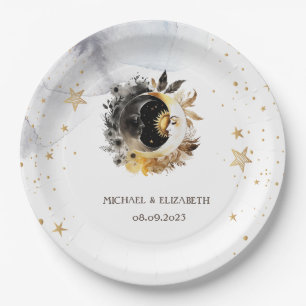 Himmlisches Gold Sonne, Mond, Sterne Blumen Pappteller
