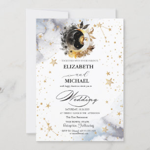 Himmlisches Gold Sonne,Mond,Sterne Blumen Schriftz Einladung