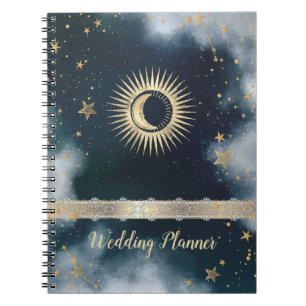 Himmlisches Gold Sonne, Mond, Sterne Nachthimmel Notizblock