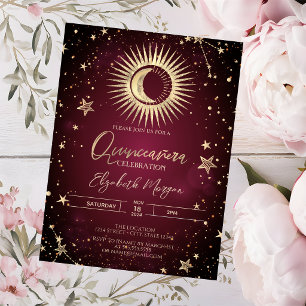 Himmlisches Gold Sonne Mond Sterne Rote Quinceaner Einladung