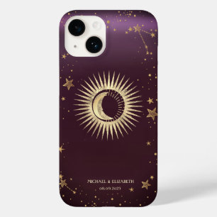 Himmlisches Gold Sonne und Mond Sterne Burgunderro Case-Mate iPhone 14 Hülle