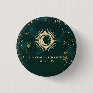 Himmlisches Gold Sonne und Mond Sterne Grün Button