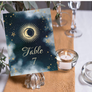Himmlisches Gold Sonne und Mond Sterne Nachthimmel Einladung