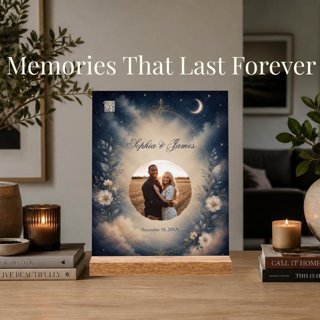 Himmlisches Hochzeitslied QR-Code Jubiläums-Gesche Acrylschild (Personalized celestial wedding song plaque with scannable QR code and custom couple photo.)