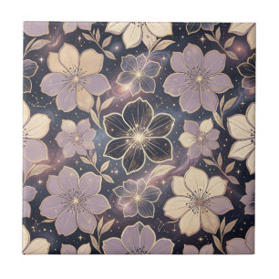 Himmlisches lila-goldenes Blumenmuster Sterne Gala Fliese