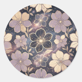 Himmlisches lila-goldenes Blumenmuster Sterne Gala Runder Aufkleber