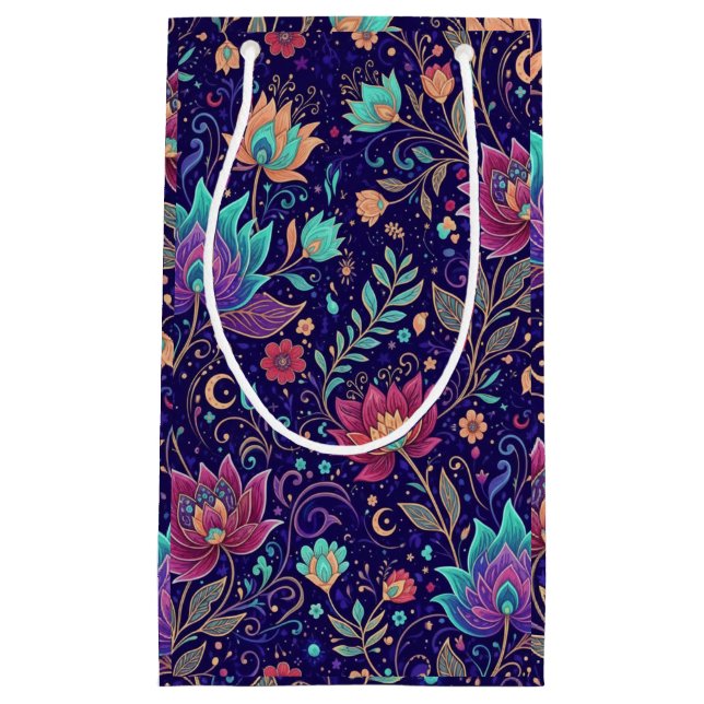Himmlisches Mitternachts-Blumenmuster mit Mond Kleine Geschenktüte (Vorderseite)