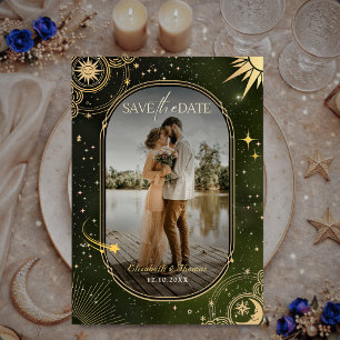 Himmlisches Oliven Grün Mond Sonne Hochzeit Save The Date