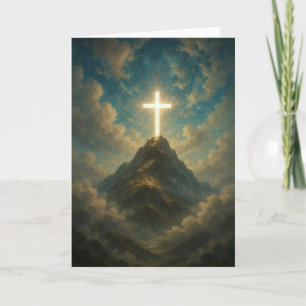 Himmlisches religiöses Kreuz auf einem Berggipfel Karte