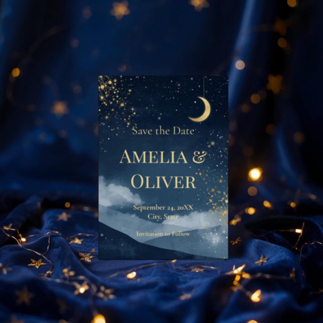 Himmlisches Save the Date | Marineblaue und golden Einladung (Von Creator hochgeladen)