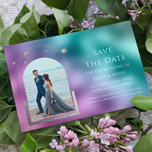 Himmlisches Türkis Lila Silber Foto Hochzeit Save The Date