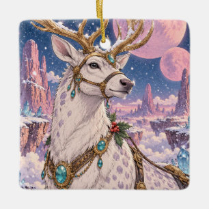 Himmlisches Weißes Rentier Rosa Monde Fantasy Keramikornament