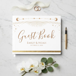 Himmlisches Weißgold Sonne Mond Sterne Hochzeit Gästebuch