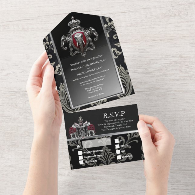 Hindi Hindu Indianerdamast Wappen schwarzes Silber All In One Einladung (Abreißen)