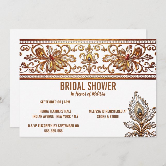 Hindi-Indianerbrauen-Pfauenfeder henna chic Einladung (Vorne/Hinten)