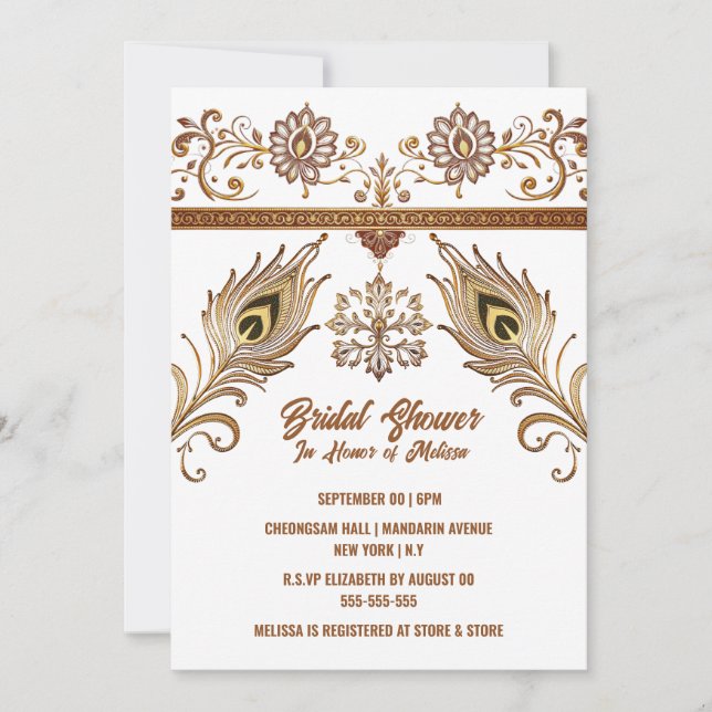 Hindi Mehndi Indian Lotus peacock Federn Bridal Einladung (Vorderseite)