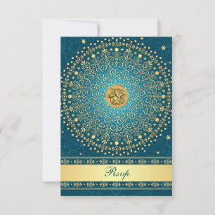 Hindu Ganesh Aquamarin Gold Scrolls Wedding RSVP C Karte